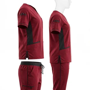 Ensemble de blouses médicales unisexe rouges à manches courtes avec poches et pantalon à cordon de serrage, respirant, 100 % polyester, uniforme de détection d'aiguilles pour adultes - Product Image 3