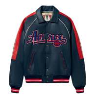 Chaqueta Varsity de Cuero Azul Marino para Hombre Avirex con Detalles Rojos, Logotipo Bordado, Cierre Frontal con Cremallera, Símbolo de Energía Lime, Impermeable para Invierno