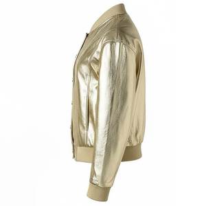 Blouson bomber en satin doré, col montant, manches classiques, style décontracté, unisexe, pour l'automne, couleur unie, fermeture boutonnée - Product Image 3