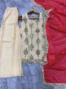 <b>Women</b> Traditional Cream Embroidered <b>Kurta</b> Set With Red Polka Dot Dupatta For Wedding India Pakistan Style - Product Image 6
