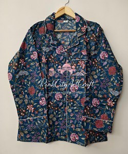 Handcrafted Indian Cotton <b>Summer</b> Eco-Friendly PJ Set Floral Block Print Nightwear Breathable Long Sleeve Shirt <b>Pyjama</b> Ensemble - Product Image 3