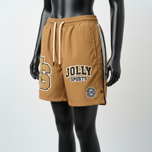 Shorts cortavientos premium para mujer, poliéster ligero de secado rápido, color canela, con parche de chenilla y logotipo personalizado. - Product Image 4