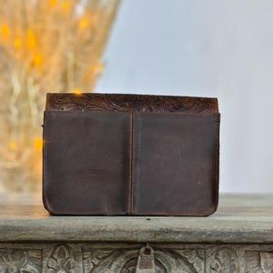 Handmade Genuine Leather Clutch <b>Bag</b> With Turquoise Stone Floral Embossing Bohemian Style For Women - Product Image 3