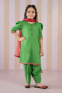 Ensemble 3 pièces décontracté pour femme, sans manches, en soie et coton, uni, avec kameez et shalwar plissé à bordure, idéal pour les fêtes et mariages, à prix raisonnable - Product Image 3