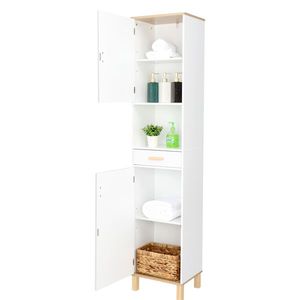 Mobiletto Alto Moderno con Singolo Cassetto e Doppia Anta per Bagno, in Legno Massello e MDF con Finitura Bianca Venata, Salvaspazio e Elegante - Product Image 6