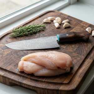 Cuchillo de chef de acero de Damasco con mango de madera y espaciador azul, hoja de cocina de filo recto y espiga completa - Product Image 5