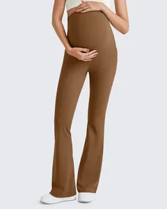 Custom LOGO Maternity High Waisted <b>Flared</b> Yoga Pants Solid Stretch Side Pockets Belly Support Soft Casual Pants for Women - Product Image 6