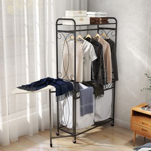 Multi-Functional Heavy-Duty Metal Laundry <b>Hamper</b> with Hanging Rail <b>Storage</b> Shelf and Rolling Wheels Easy-to-Move Organizer - Product Image 1
