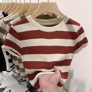 Women's Classic <b>Crewneck</b> Striped Knit Top – Short Sleeve Ribbed Crew Neck T-Shirt Slim Fit Casual Short <b>Sweater</b> Blouse - Product Image 2