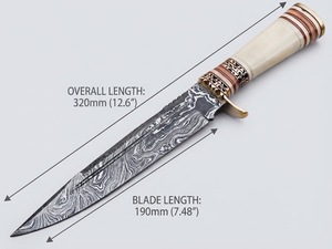 Cuchillo de caza DIY OEM de acero de Damasco con mango de hueso y latón, hoja fija dentada, alta durabilidad para exteriores - Product Image 6