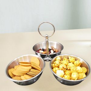 Stainless steel <b>3</b> bowl snack stand, metal serving stand with bowls, <b>3</b> tier snack serving set, steel bowl stand with handle, - Product Image 4
