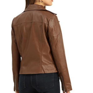 REBA SPORTS IMPEX Brown Genuine Leather Breathable Stand Collar Bomber Jacket Women Zip Pocket Cuffs Ribbed Hem Custom Logo - Product Image 2