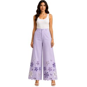 Pantalon palazzo large brodé personnalisé en lavande pour femme, motif floral ajouré, taille haute, en coton, décontracté, vêtements OEM sur mesure - Product Image 1