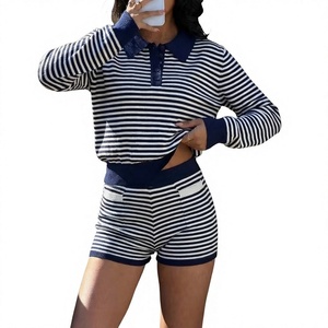 Summer Eco-Friendly Knitted Striped Polo Collar Knee Button Pajama Set Breathable Loose-Fitting Casual Sporty Short Sleeve Women - Product Image 2