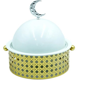 Plat de service de luxe doré et blanc pour le Ramadan, en acier inoxydable, avec couvercle en forme de croissant de lune, chauffe-plats de style arabe pour l'Aïd - Product Image 1