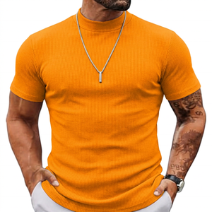 T-shirt décontracté à manches courtes en tricot à col roulé rouge pour homme, coupe ajustée, couleur unie - Product Image 3