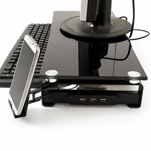 Soporte Elevador de Monitor Moderno Negro Estándar Global Orbit GO-2286 con Hub USB y Escritorio de Vidrio para Computadora, Hecho en Taiwán - Product Image 2