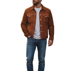 Men's Brown <b>Suede</b> <b>Jacket</b> Slim Fit Casual Stand Collar Zipper Closure Regular Sleeve Solid Color Breathable Front Autumn - Product Image 4