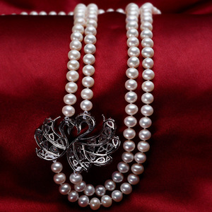 Collier en perles d'eau douce DIY pour femmes, double couche, long, accessoires en argent, cygne, couleur blanche, collier chaîne de pull en gros - Product Image 3