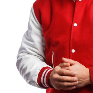Blouson universitaire homme rouge et blanc style preppy col mandarin simple boutonnage polyester hiver logo frontal - Product Image 4