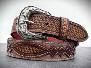 Western Hand Tooled Leather <b>Belt</b> With Silver Alloy Pin Buckle Geometric Pattern Casual Men's <b>Vintage</b> Style | Heavy Duty - Product Image 2