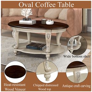 42\" Beige E <b>Oval</b> Wood <b>Coffee</b> <b>Table</b> for Living Room 2-Tier Solid Wood Cocktail <b>Table</b> with Open Storage Shelf Easy Assembly - Product Image 4