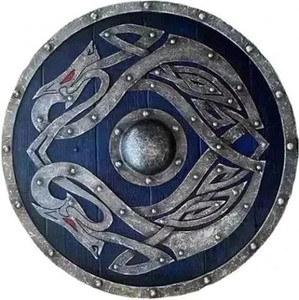 Escudo Redondo Vikingo Medieval Hecho a Mano de Madera de 24 Pulgadas con Patrón de Animales Negros para Representación Histórica - Product Image 3