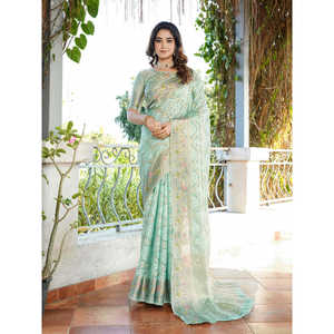 Sari Patola en organza de soie tissé Zari Elite Weaves Sky Silk, élégant pour les fêtes, motif tissé complexe, protection solaire toutes saisons, 600g - Product Image 1