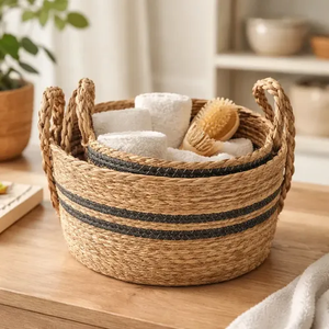 Panier de rangement en jonc de mer tressé naturel avec poignées, style rustique, panier en jonc de mer pour la décoration et l'organisation de la maison - Product Image 1