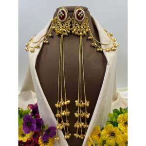 Indian Ethnic Roshni Kashmiri Jhumka Earrings with Chain-Gold Plated Pearl Bridal Jewelry - Product Image 1