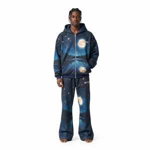 Men Navy <b>Galaxy</b> Print Zip <b>Hoodie</b> Wide Leg Pants Space Print Tracksuit Set Custom Streetwear - Product Image 1