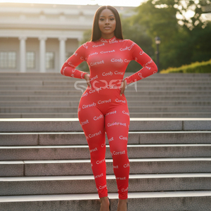 Body de Manga Larga con Cuello Alto para Mujer, Ajustado, con Estampado de Logotipo en Toda la Superficie |   Proveedor de Ropa Urbana Personalizada OEM - Product Image 6