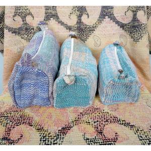 100% Pure Cotton Kantha Fabric Tassel Pattern Zipper Closure Eco-Friendly Durable Large Makeup Bag Pouch Set Soft Handle - Product Image 6