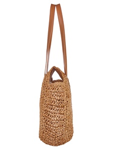 Sac cabas rond en paille tressée avec anses en cuir, style bohème, écologique, sac de plage et de voyage d'été pour femme - Product Image 2