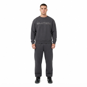 Men <b>Charcoal</b> Gray Sweatshirt <b>Jogger</b> Set Rhinestone Lettering Crewneck Matching Two Piece Tracksuit Streetwear - Product Image 1