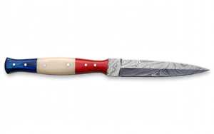 Cuchillo de Camping Hecho a Mano con Acero de Damasco, Mango de Resina Rojo, Blanco y Azul, Hoja Fija - Product Image 3