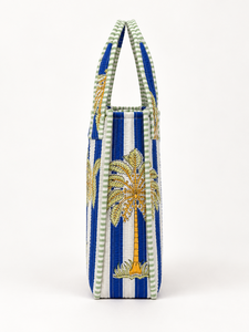 Sac fourre-tout matelassé en coton pour femme Veer Handicrafts QB-002, imprimé palmiers tropicaux rayés bleus, poignées vertes, fermeture éclair, plage - Product Image 4