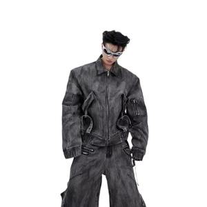 High Quality Oversized Men Baggy Gray Denim 2 Piece Set Cargo Pocket Vintage Washed Man <b>Tracksuit</b> Set - Product Image 2