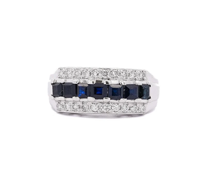 Classic Sapphire Eternity Band <b>Ring</b> With Emerald Cut Natural Stones Channel Set In Rhodium Plated 925 Silver <b>For</b> Wedding - Product Image 1