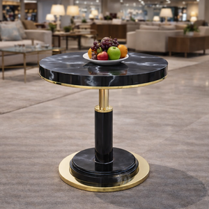 Mesa de Centro Redonda Contemporánea, Superficie de Metal Negro Resistente con Patrón, Base de Pedestal de Metal Dorado, Mueble Elegante para Sala de Estar - Product Image 5