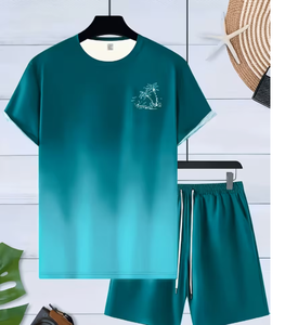 Ensemble T-shirt et short dégradé pour homme, col rond, tricoté, séchage rapide, tenue décontractée, imprimé logo frontal - Product Image 1