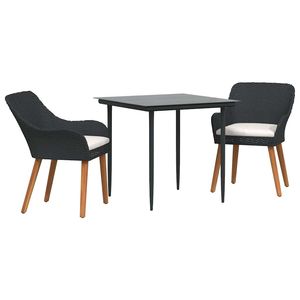 Set da pranzo da giardino in polyrattan nero a 3 pezzi con cuscini, mobili da esterno in stile contemporaneo, struttura in acciaio, gambe in legno massello - Product Image 2