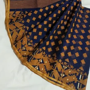 Эксклюзивное сине-коричневое сари Deshi Dhakai Jamdani из хлопчатобумажной ткани ручной работы из бангладеш