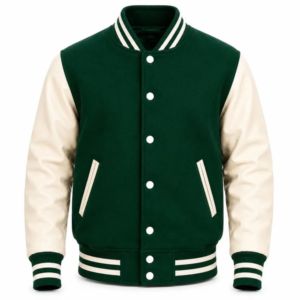 แจ็คเก็ตวาร์ซิตี้พรีเมียมแบบเรียบง่ายสำหรับผู้ชายและผู้หญิง  ผ้าขนสัตว์และแขนหนัง PU แจ็คเก็ตบอมเบอร์ - Product Image 1