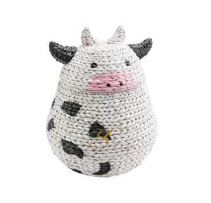Handwoven Water Hyacinth Cow <b>Basket</b> Animal Shaped Toy Storage Hamper <b>with</b> Removable <b>Lid</b> for Nursery Decor - Product Image 1