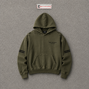 เสื้อฮู้ดดี้โอเวอร์ไซส์ผู้ชายขายส่ง แบรนด์ Olive มีกระเป๋าหน้าและแถบลายที่แขนเสื้อ สวมใส่สบายๆ ในฤดูใบไม้ร่วง แบบสวมหัว ดีไซน์ขาดๆ แบบวินเทจ - Product Image 5