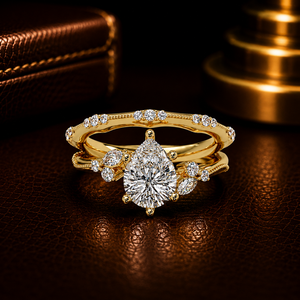 Anillo de Diamantes Cultivados en Laboratorio con Corte Pera y Marquise, Estilo Lujoso, Oro Puro de 14k, Borde Milgrain, Conjunto de Anillos de Boda para Mujer - Product Image 1