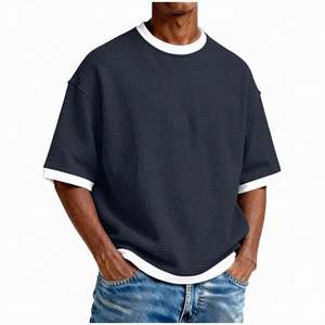 Camiseta Corta para Hombre al por Mayor OEM, Corte Cuadrado Regular, Hombro Caído, Manga Corta, Peso Medio, Cuello Redondo, Tejido Waffle Básico, 100% Algodón - Product Image 4