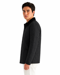 Chaqueta acolchada negra para hombre, con diseño de rombos, chaqueta de invierno, ropa exterior informal acolchada, chaqueta con botones al frente, abrigo ligero con aislamiento. - Product Image 3
