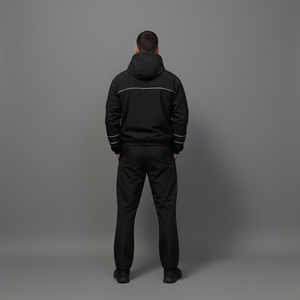 Conjunto deportivo de hombre OEM 100% nailon, logotipo impreso personalizado, color negro sólido con ribetes, ropa urbana transpirable, conjunto de 2 piezas para hombre - Product Image 5